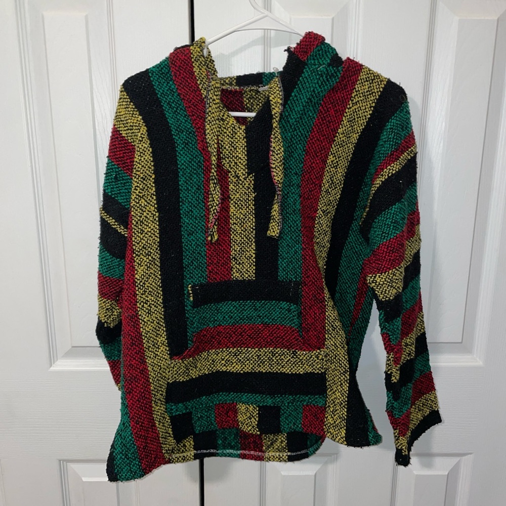 Red and Green Cowl Neck Sweater with Geometric Pattern